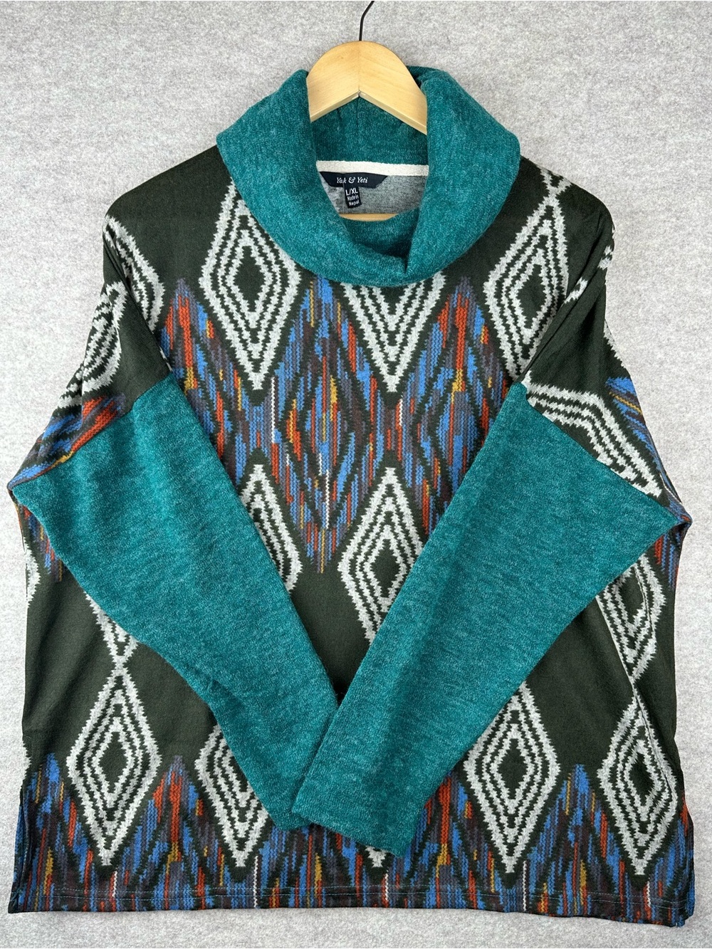 Yak & Yeti Cowl Neck Pullover Sweater Tunic Southwestern Pattern L/XL Nepal NWT